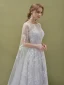 Romantic Silver See-through Evening Dresses  2019 A-Line / Princess Square Neckline 1/2 Sleeves Backless Star Appliques Lace Watteau Train Ruffle Formal Dresses