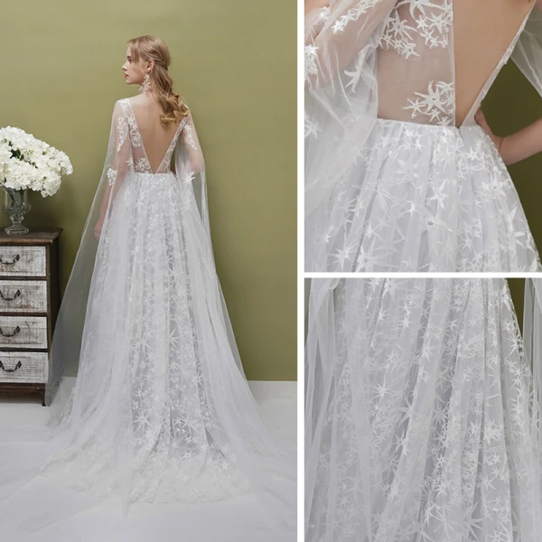 Romantic Silver See-through Evening Dresses  2019 A-Line / Princess Square Neckline 1/2 Sleeves Backless Star Appliques Lace Watteau Train Ruffle Formal Dresses