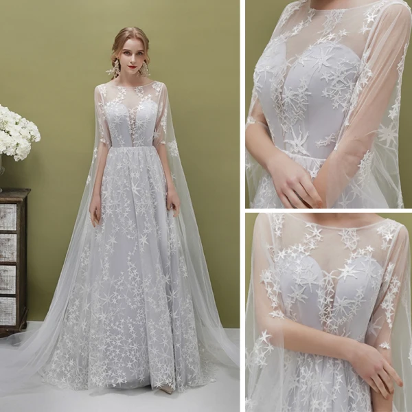 Romantic Silver See-through Evening Dresses  2019 A-Line / Princess Square Neckline 1/2 Sleeves Backless Star Appliques Lace Watteau Train Ruffle Formal Dresses