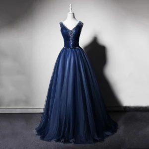 Meilleur Bleu Marine Robe De Soirée 2019 Princesse V Cou Sans Manches Perlage Longue Volants Dos Nu Robe De Ceremonie