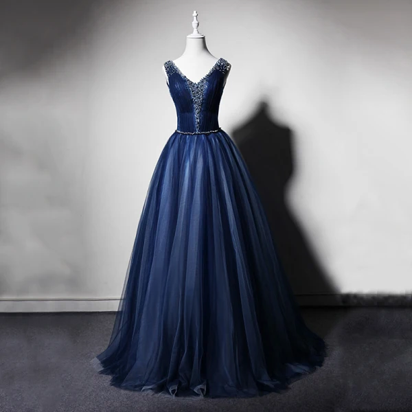 Best Navy Blue Evening Dresses 2019 A-Line / Princess V-Neck Sleeveless Beading Floor-Length / Long Ruffle Backless Formal Dresses