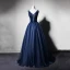 Best Navy Blue Evening Dresses  2019 A-Line / Princess V-Neck Sleeveless Beading Floor-Length / Long Ruffle Backless Formal Dresses