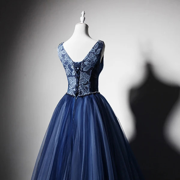 Best Navy Blue Evening Dresses 2019 A-Line / Princess V-Neck Sleeveless Beading Floor-Length / Long Ruffle Backless Formal Dresses