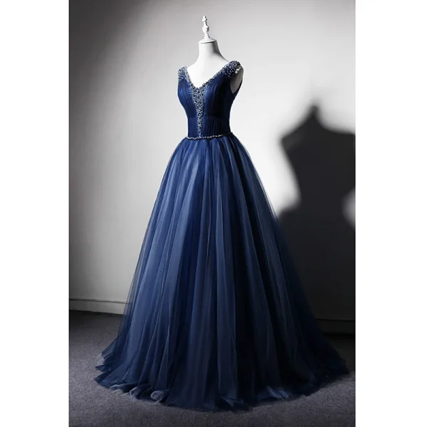 Best Navy Blue Evening Dresses 2019 A-Line / Princess V-Neck Sleeveless Beading Floor-Length / Long Ruffle Backless Formal Dresses