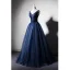 Best Navy Blue Evening Dresses  2019 A-Line / Princess V-Neck Sleeveless Beading Floor-Length / Long Ruffle Backless Formal Dresses