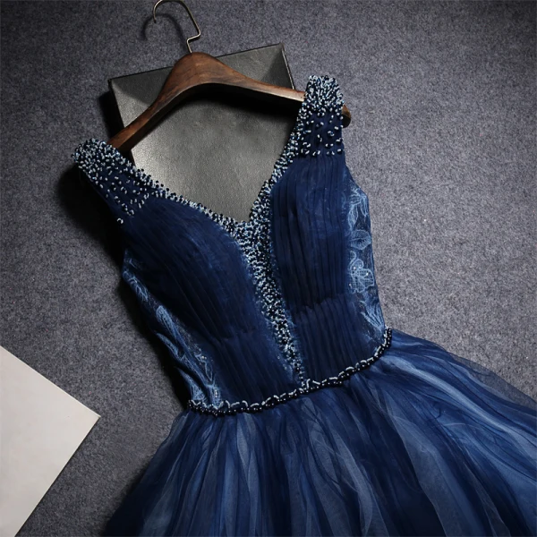 Best Navy Blue Evening Dresses 2019 A-Line / Princess V-Neck Sleeveless Beading Floor-Length / Long Ruffle Backless Formal Dresses