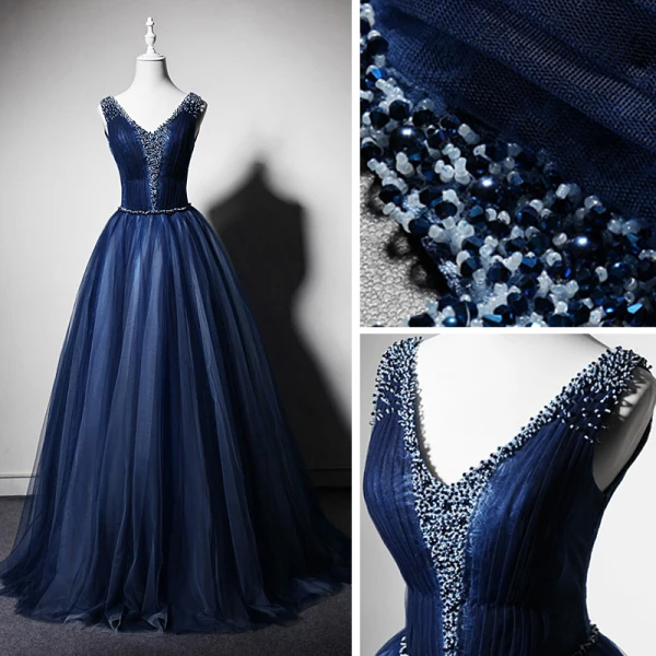 Best Navy Blue Evening Dresses 2019 A-Line / Princess V-Neck Sleeveless Beading Floor-Length / Long Ruffle Backless Formal Dresses