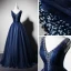 Best Navy Blue Evening Dresses  2019 A-Line / Princess V-Neck Sleeveless Beading Floor-Length / Long Ruffle Backless Formal Dresses