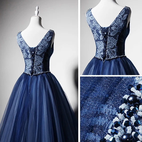 Best Navy Blue Evening Dresses 2019 A-Line / Princess V-Neck Sleeveless Beading Floor-Length / Long Ruffle Backless Formal Dresses