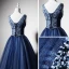 Best Navy Blue Evening Dresses  2019 A-Line / Princess V-Neck Sleeveless Beading Floor-Length / Long Ruffle Backless Formal Dresses