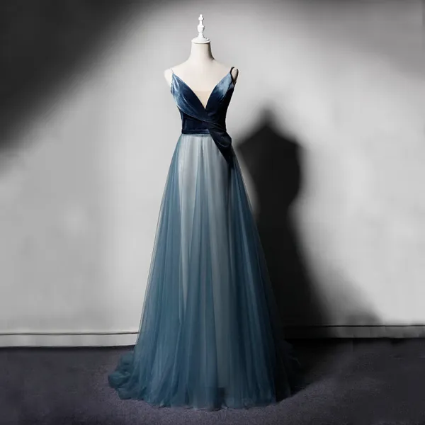 Chic / Beautiful Ink Blue Evening Dresses  2019 A-Line / Princess Spaghetti Straps V-Neck Sleeveless Floor-Length / Long Ruffle Backless Formal Dresses