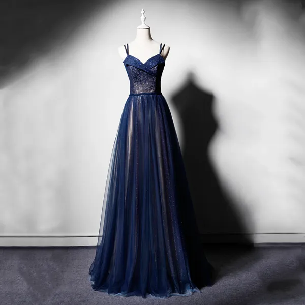 Elegant Navy Blue Evening Dresses  2019 A-Line / Princess Spaghetti Straps Sleeveless Sash Glitter Tulle Floor-Length / Long Ruffle Backless Formal Dresses