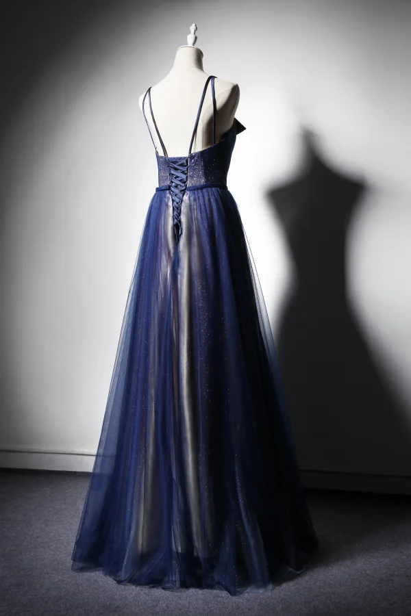 Elegante Marineblau Abendkleider 2019 A Linie Spaghettiträger Ärmellos Stoffgürtel Glanz Tülle Lange Rüschen Rückenfreies Festliche Kleider