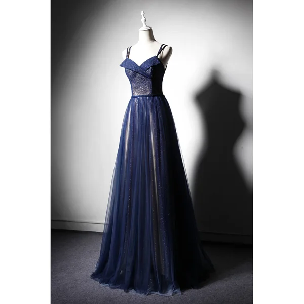 Elegante Marineblau Abendkleider 2019 A Linie Spaghettiträger Ärmellos Stoffgürtel Glanz Tülle Lange Rüschen Rückenfreies Festliche Kleider