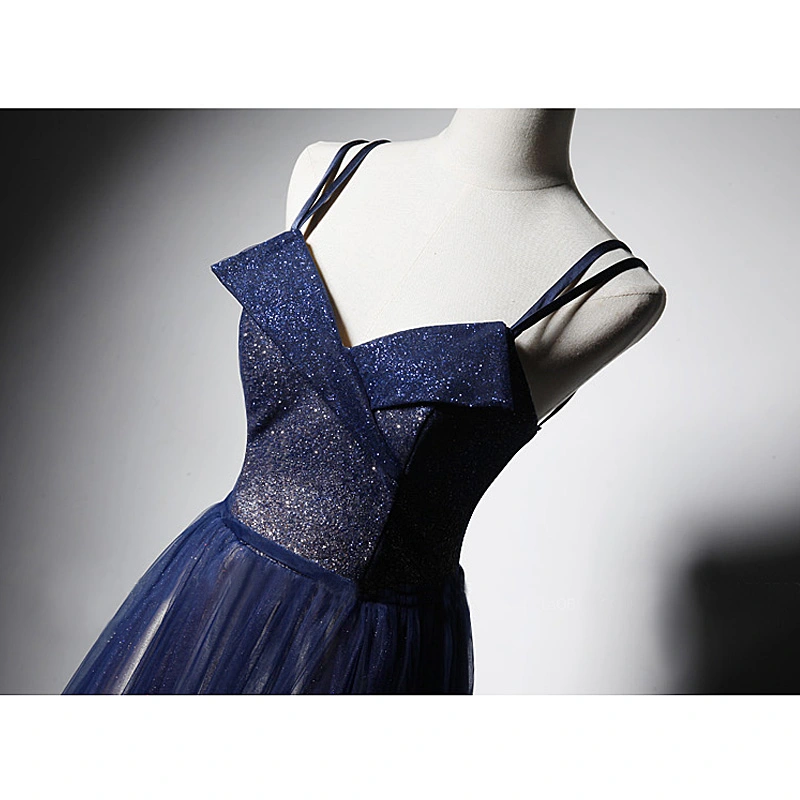 Elegant Navy Blue Evening Dresses 2019 A Line Princess Spaghetti Straps  Sleeveless Sash Glitter Tulle Floor Length Long Ruffle Backless Formal  Dresses