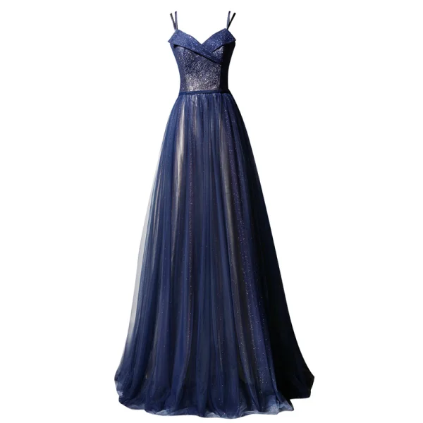 Elegante Marineblau Abendkleider 2019 A Linie Spaghettiträger Ärmellos Stoffgürtel Glanz Tülle Lange Rüschen Rückenfreies Festliche Kleider