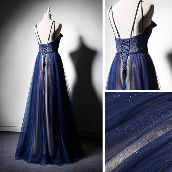 Elegante Marineblau Abendkleider 2019 A Linie Spaghettiträger Ärmellos Stoffgürtel Glanz Tülle Lange Rüschen Rückenfreies Festliche Kleider