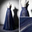 Elegante Marineblau Abendkleider 2019 A Linie Spaghettiträger Ärmellos Stoffgürtel Glanz Tülle Lange Rüschen Rückenfreies Festliche Kleider
