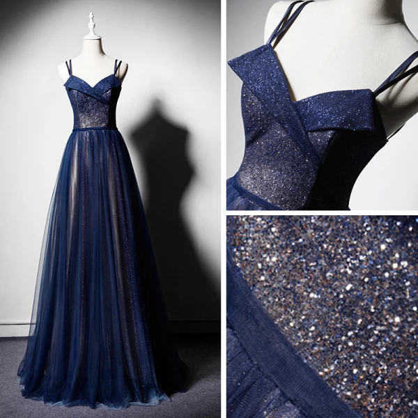 Elegante Marineblau Abendkleider 2019 A Linie Spaghettiträger Ärmellos Stoffgürtel Glanz Tülle Lange Rüschen Rückenfreies Festliche Kleider