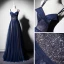 Elegante Marineblau Abendkleider 2019 A Linie Spaghettiträger Ärmellos Stoffgürtel Glanz Tülle Lange Rüschen Rückenfreies Festliche Kleider
