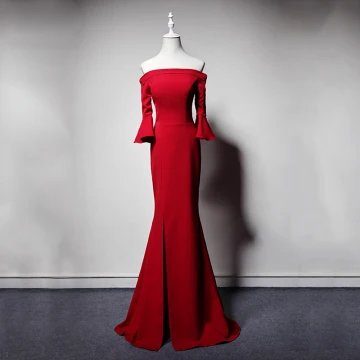 Simple Rouge Robe De Soirée 2019 Trompette Sirène De L 039 Épaule Manches De Cloche Fendue Devant Longue Dos Nu Robe De Ceremonie