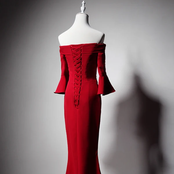 Schlicht Rot Abendkleider 2019 Meerjungfrau Off Shoulder Glockenhülsen Gespaltete Front Lange Rückenfreies Festliche Kleider