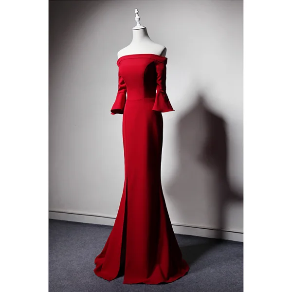 Schlicht Rot Abendkleider 2019 Meerjungfrau Off Shoulder Glockenhülsen Gespaltete Front Lange Rückenfreies Festliche Kleider