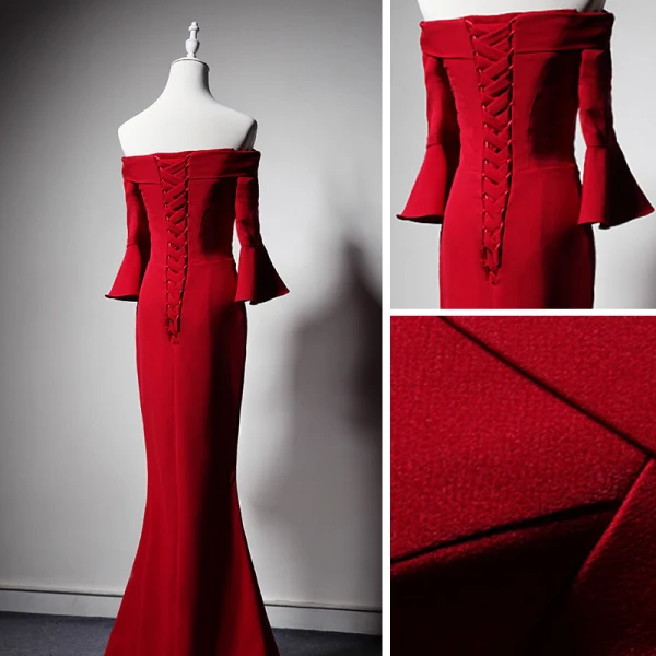 Schlicht Rot Abendkleider 2019 Meerjungfrau Off Shoulder Glockenhülsen Gespaltete Front Lange Rückenfreies Festliche Kleider