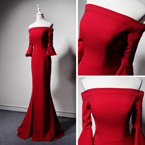 Schlicht Rot Abendkleider 2019 Meerjungfrau Off Shoulder Glockenhülsen Gespaltete Front Lange Rückenfreies Festliche Kleider