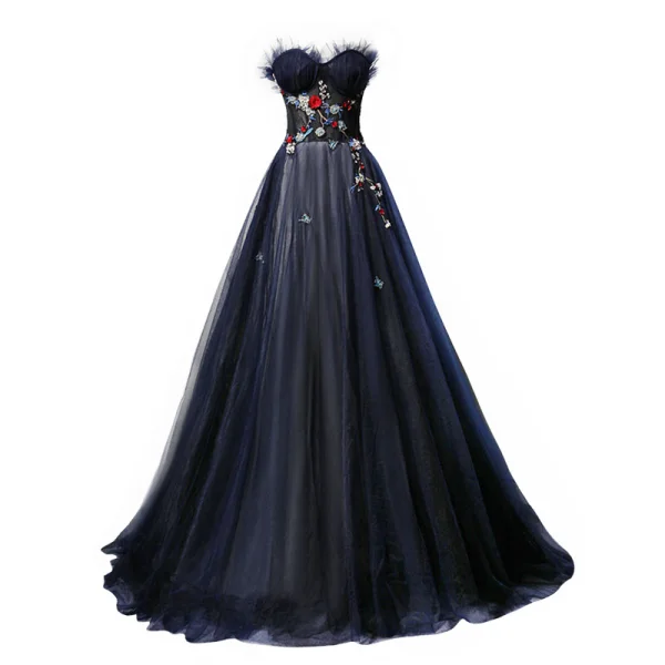 Elegant Mørk Marineblå Selskapskjoler 2019 Prinsesse Kjæreste Uten Ermer Brodert Blomst Beading Perle Feie Tog Buste Ryggløse Formelle Kjoler