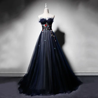 Elegant Navy Blue Evening Dresses 2019 A Line Princess Sweetheart Sleeveless Embroidered Flower Beading Pearl Sweep Train Ruffle Backless Formal Dresses