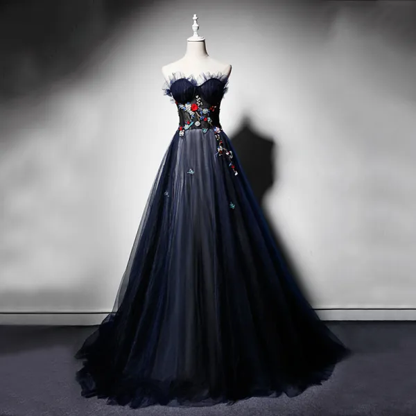 Elegant Navy Blue Evening Dresses  2019 A-Line / Princess Sweetheart Sleeveless Embroidered Flower Beading Pearl Sweep Train Ruffle Backless Formal Dresses