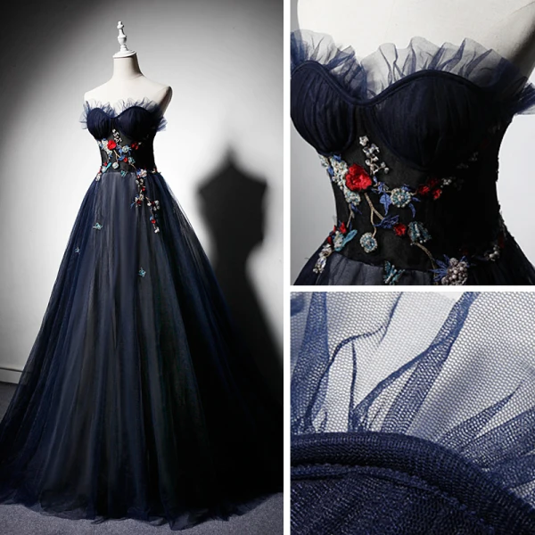 Elegant Mørk Marineblå Selskapskjoler 2019 Prinsesse Kjæreste Uten Ermer Brodert Blomst Beading Perle Feie Tog Buste Ryggløse Formelle Kjoler