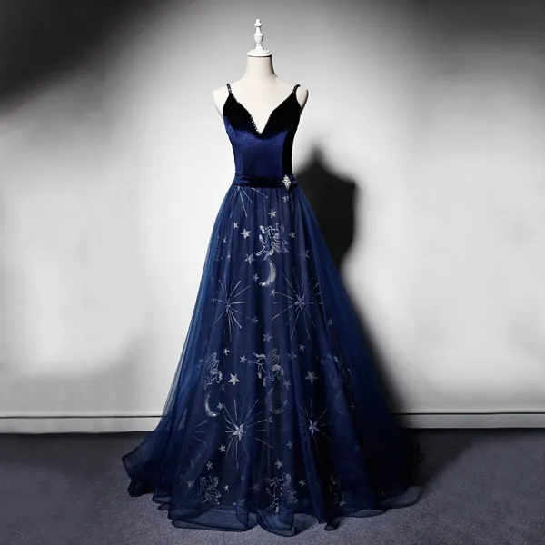 Elegant Navy Blue Suede Evening Dresses  2019 A-Line / Princess Spaghetti Straps Deep V-Neck Sleeveless Rhinestone Sash Beading Embroidered Floor-Length / Long Ruffle Backless Formal Dresses