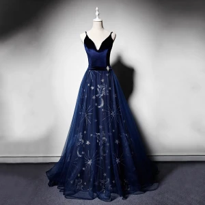 Elegantes Marino Oscuro Suede Vestidos De Noche 2019 A Line Princess Spaghetti Straps V Cuello Profundo Sin Mangas Rhinestone Cinturón Rebordear Bordado Largos Ruffle Sin Espalda Vestidos Formales