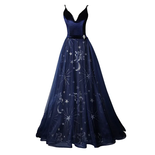 Elegante Marineblau Wildleder Abendkleider 2019 A Linie Spaghettiträger Tiefer V-Ausschnitt Ärmellos Strass Stoffgürtel Perlenstickerei Stickerei Lange Rüschen Rückenfreies Festliche Kleider