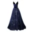 Elegante Marineblau Wildleder Abendkleider 2019 A Linie Spaghettiträger Tiefer V-Ausschnitt Ärmellos Strass Stoffgürtel Perlenstickerei Stickerei Lange Rüschen Rückenfreies Festliche Kleider