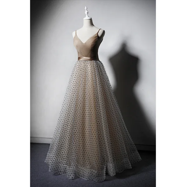 Chic / Belle Champagne Robe De Bal 2019 Princesse Bretelles Spaghetti V-Cou Sans Manches Tachetée Tulle Ceinture Longue Volants Dos Nu Robe De Ceremonie