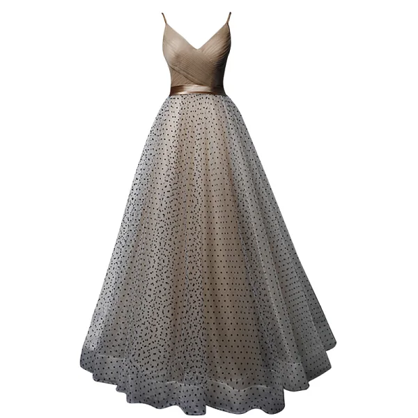 Chic / Belle Champagne Robe De Bal 2019 Princesse Bretelles Spaghetti V-Cou Sans Manches Tachetée Tulle Ceinture Longue Volants Dos Nu Robe De Ceremonie