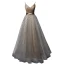 Chic / Belle Champagne Robe De Bal 2019 Princesse Bretelles Spaghetti V-Cou Sans Manches Tachetée Tulle Ceinture Longue Volants Dos Nu Robe De Ceremonie