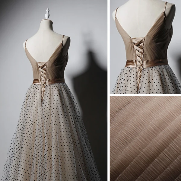 Chic / Belle Champagne Robe De Bal 2019 Princesse Bretelles Spaghetti V-Cou Sans Manches Tachetée Tulle Ceinture Longue Volants Dos Nu Robe De Ceremonie