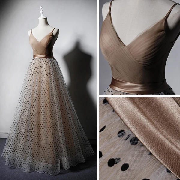 Chic / Belle Champagne Robe De Bal 2019 Princesse Bretelles Spaghetti V-Cou Sans Manches Tachetée Tulle Ceinture Longue Volants Dos Nu Robe De Ceremonie