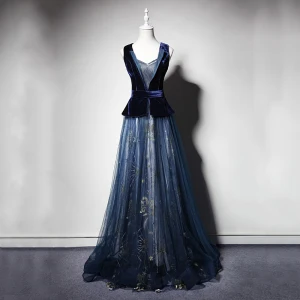 Élégant Bleu Marine Daim Robe De Soirée 2019 Princesse Transparentes Col V Profond Sans Manches Ceinture Brodé Longue Volants Robe De Ceremonie