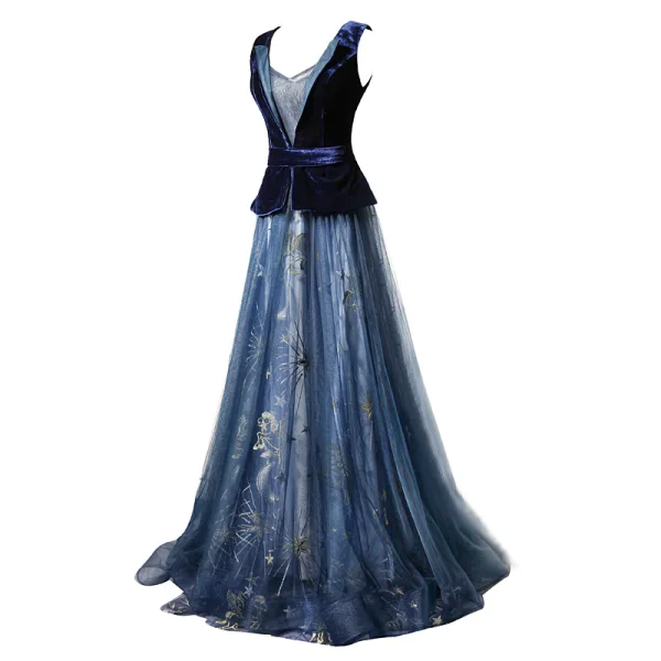 Élégant Bleu Marine Daim Robe De Soirée 2019 Princesse Transparentes Col v profond Sans Manches Ceinture Brodé Longue Volants Robe De Ceremonie