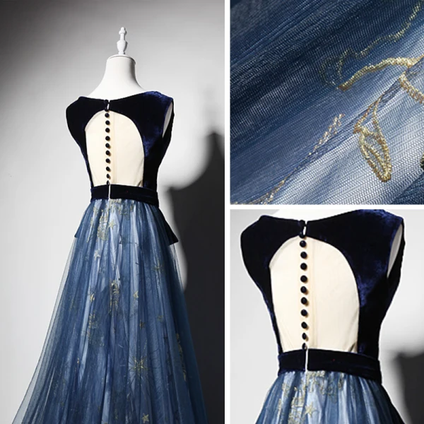 Élégant Bleu Marine Daim Robe De Soirée 2019 Princesse Transparentes Col v profond Sans Manches Ceinture Brodé Longue Volants Robe De Ceremonie