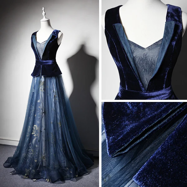 Élégant Bleu Marine Daim Robe De Soirée 2019 Princesse Transparentes Col v profond Sans Manches Ceinture Brodé Longue Volants Robe De Ceremonie