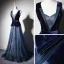 Élégant Bleu Marine Daim Robe De Soirée 2019 Princesse Transparentes Col v profond Sans Manches Ceinture Brodé Longue Volants Robe De Ceremonie
