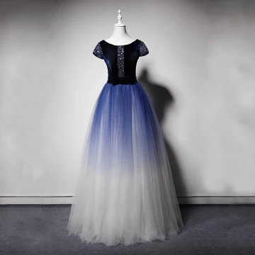 Luxe Donkerblauwe Gradiëntkleur Suede Galajurken 2019 A Lijn Ronde Hals Korte Mouwen Kralen Rhinestone Strik Gordel Lange Ruche Gelegenheid Jurken