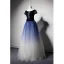Luxe Bleu Marine Dégradé De Couleur Daim Robe De Bal 2019 Princesse Encolure Dégagée Manches Courtes Perlage Faux Diamant Noeud Ceinture Longue Volants Robe De Ceremonie