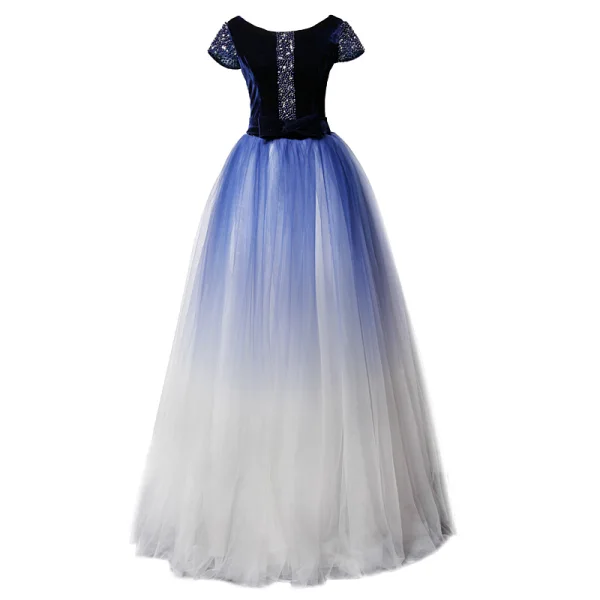Luxe Bleu Marine Dégradé De Couleur Daim Robe De Bal 2019 Princesse Encolure Dégagée Manches Courtes Perlage Faux Diamant Noeud Ceinture Longue Volants Robe De Ceremonie